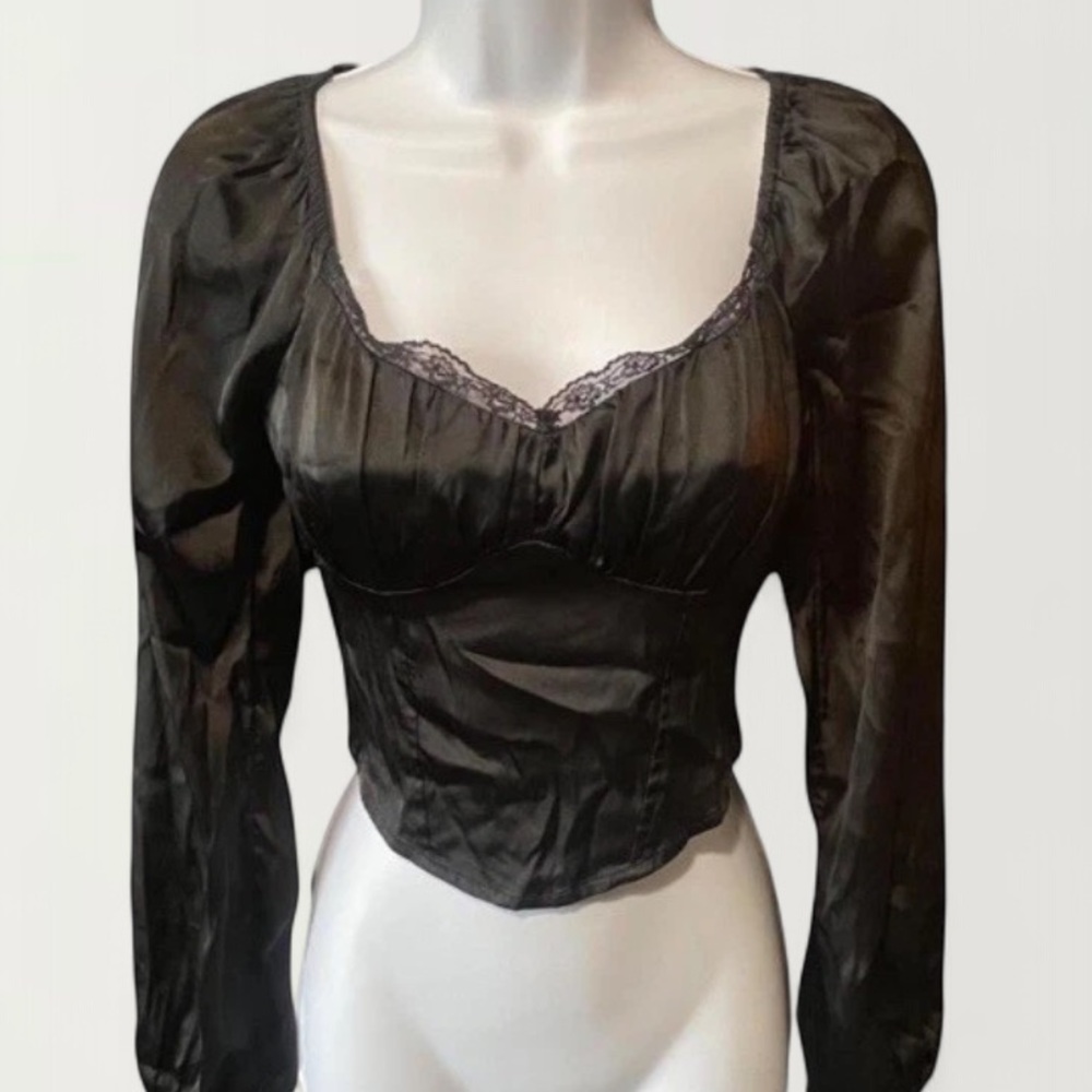 Hollister Black Satin Cropped Babydoll Top
